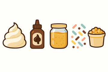 Sweet dessert garnishes including whipped cream, chocolate syrup, caramel sauce, and colorful sprinkles