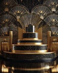 Opulent Art Deco stage with a tiered black marble podium and golden fan backdrop.