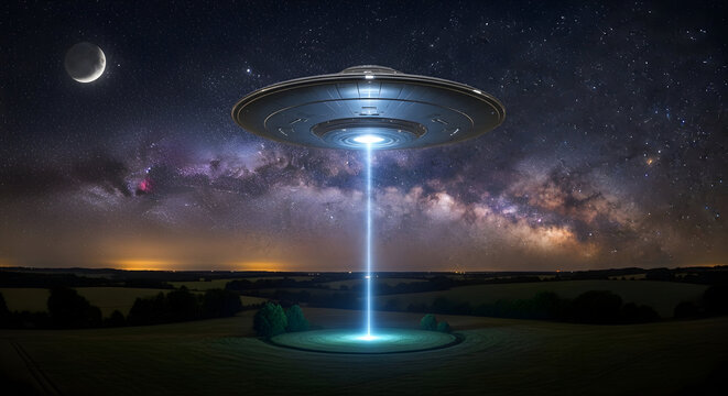 Unidentified flying object hovering over a field with a beam of light at night under a starry sky