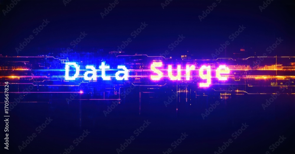 Poster bright text displays data surge over complex circuit board background. vivid blues, purples dominate