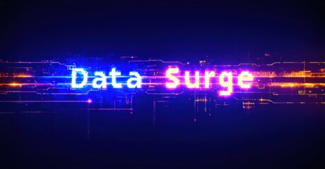 Bright text displays Data Surge over complex circuit board background. Vivid blues, purples dominate visual space. Futuristic design.