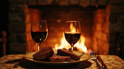 3 pieces of steak on a plate in the evening, by the fireplace with 2 forks and glasses of red wine