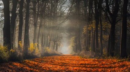 Obraz premium Autumn Forest Pathway with Sunlight Rays