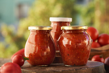 Three jars of homemade tomato and sweet pepper relish (ajvar-style vegetable spread, chutney or bruschetta topping)