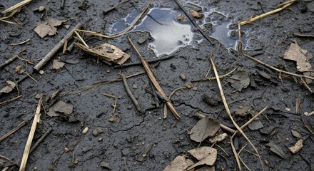 Muddy ground with twigs and leaves after rain, wet soil background