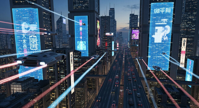 Photo of futuristic cityscape at night with flying cars and neon billboards