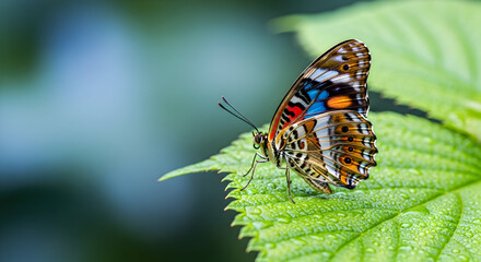 Obraz premium Vibrant butterfly resting gracefully on a lush green leaf in a serene garden setting