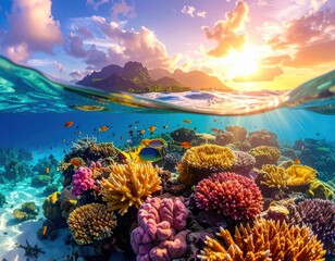 A vibrant coral reef teeming with life, bathed in the golden light of a tropical sunset, showcases a breathtaking underwater scene.
