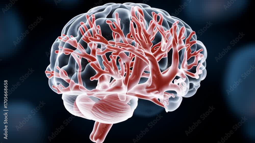 Poster brain with red veins and a red stem. the brain is surrounded by a blue background. the brain is the 
