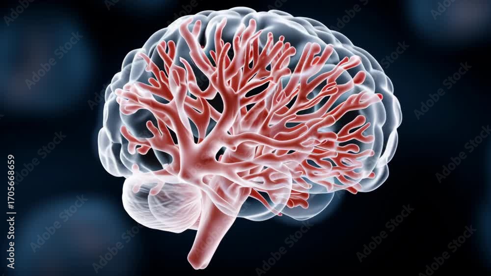 Poster Brain with red veins and a red stem. The brain is surrounded by a black background. The brain is the main focus of the image