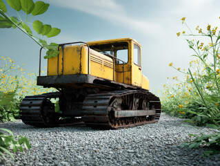 Yellow excavator construction machinery with caterpillar tracks on gravel ground, heavy duty industrial earthmover equipment in outdoor site with green plants, powerful demolition digger vehicle 