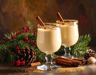 Two eggnog drinks, garnished with cinnamon sticks and sugar, sit on a dark wooden surface, surrounded by Christmas greenery.