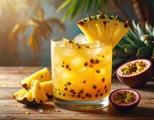 A vibrant cocktail, showcasing a golden-yellow passion fruit and pineapple concoction in a glass, garnished with fresh pineapple, set on a rustic wooden surface.
