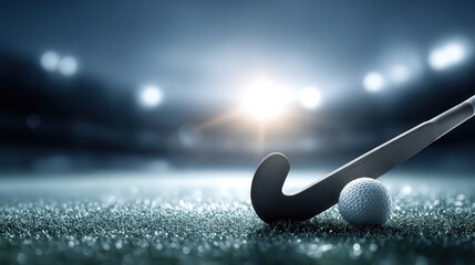 A close-up view of a field hockey stick resting beside a white ball on well-maintained grass, illuminated by stadium lights in the background, Ideal for sports marketing or event promotion,
