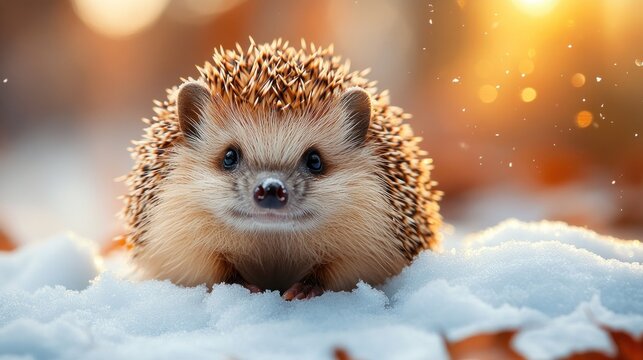 Cute hedgehog in winter snow