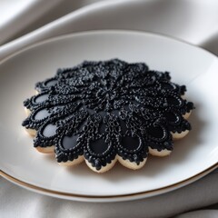 Ornate Black Lace Cookie on White Plate