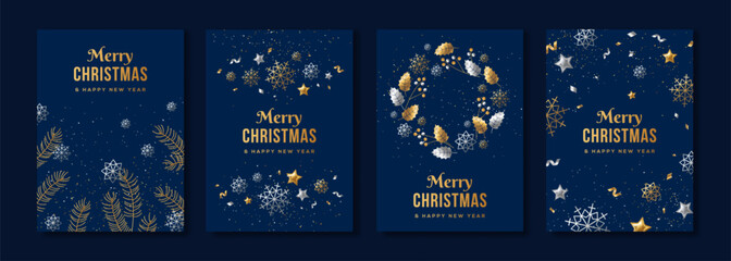 Merry Christmas 2026 blue posters set. Happy New Year gold and silver confetti, fir tree branch, snowflakes. Vector illustration. Winter holiday minimal flyer, banner brochure voucher template