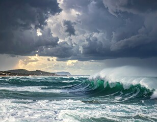 Dramatic ocean waves crash against the shore beneath a stormy sky, showcasing powerful, emerald-green waves and a dramatic contrast of light and shadow.