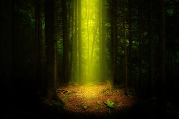 Obraz premium Mystical forest clearing with bright light shining through the trees