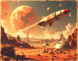 Retro rocket ship launching from a science fiction colony on a barren, Mars-like alien planet with a giant moon in the sky