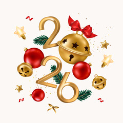 Merry Christmas Happy New Year 2026 Poster. Xmas Fir Tree Branch, Red Baubles, 3d Gold Jingle Bells on White Background. Vector illustration. Winter holiday design. Eve Banner, Noel Party