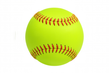 Classic yellow softball with prominent red stitching, isolated on a transparent background, ready for digital compositing