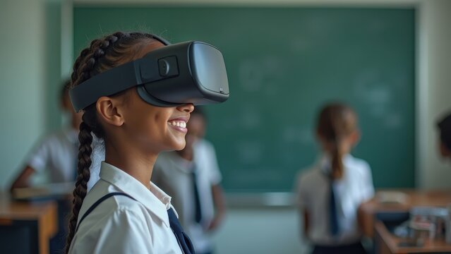Smiling dark-skinned girl in virtual reality glasses on blackboard background