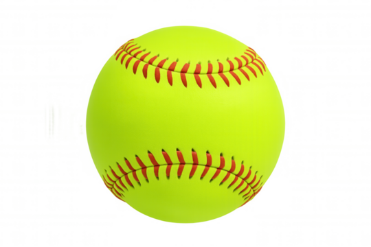 Classic yellow softball with prominent red stitching, isolated on a transparent background, ready for digital compositing