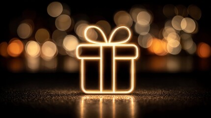 Glowing gift box icon on dark background with bokeh lights effect