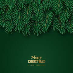 Merry Christmas fir tree branches background. Vector illustration. Place for text. Xmas and New Year green pine spruce frame, conifer plant border. Noel festive poster design, evergreen decoration