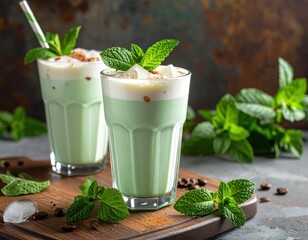 Two refreshing glasses of mint-infused iced beverage, topped with whipped cream and garnished with fresh mint leaves, sit on a wooden board.