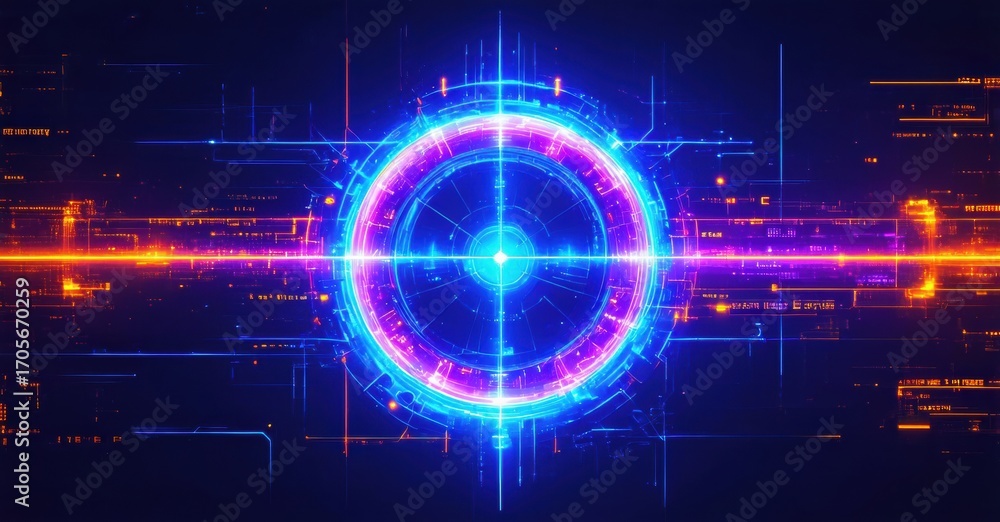 Poster futuristic digital interface. bright neon lines form complex circular pattern. dark background empha