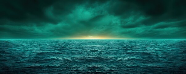 A dramatic seascape featuring dark, turbulent waters and ominous clouds, illuminated by a faint horizon glow, conveying a sense of mystery and vastness.