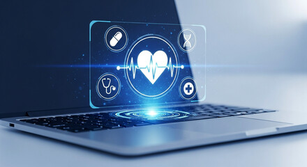 Photo of a futuristic laptop displays a glowing holographic interface with medical icons, symbolizing digital health and innovation