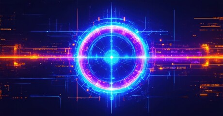 Futuristic digital interface. Bright neon lines form complex circular pattern. Dark background emphasizes glowing technology elements.