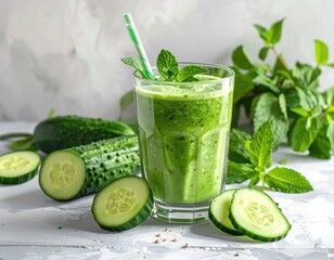 Refreshing green smoothie made with cucumbers and mint, served in a glass with a straw, displayed on a light gray surface.