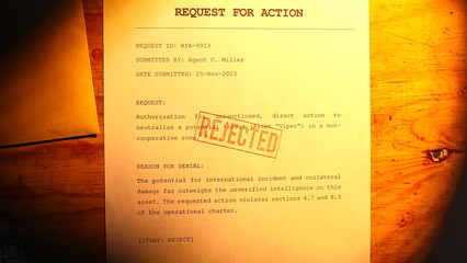 Close-up of a formal document, a dummy security or military request form, marked REJECTED with a...