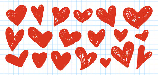 Red Hearts hand drawn collection 
on a sheet of a notebook in a cell. Children drawing, red wax pencil elements. Love symbols in doodle style. Grunge texture heart shapes. Vector illustration