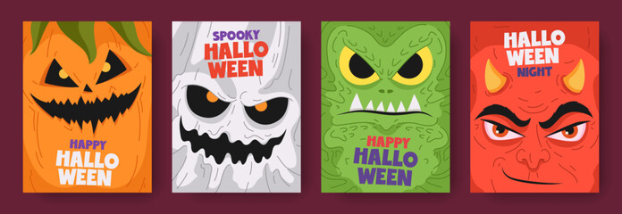 Cartoon colorful cards or posters set of Halloween with faces of monster characters. Hand drawn heads of pumpkin, ghost, crazy monster, devil. Holiday design for print, invitation, flyer, banner