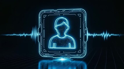  A glowing profile icon inside a digital frame with a sound wave, representing voice recognition, biometric security, and user authentication technology. - Powered by Adobe