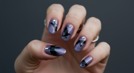 Purple nails with black crow designs and silver accents