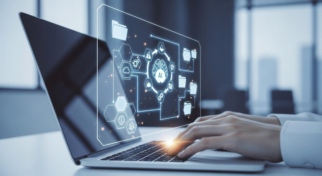Photo of a persons hands typing on a laptop with a glowing ai interface projected on the screen