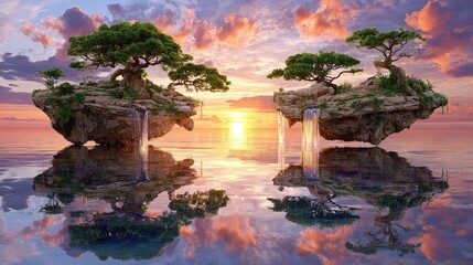 Floating islands with waterfalls at sunset