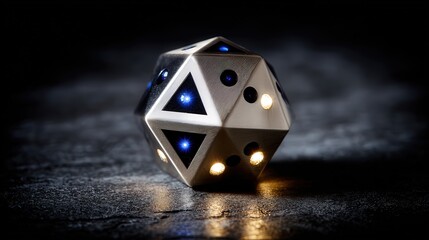 A beautifully illuminated polyhedral die sits on a textured surface, showcasing its intricate design, This image can be used in gaming, tabletop, or educational contexts to highlight creativity,