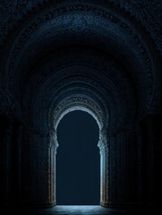 Ornate Dark Blue Archway with Intricate Carvings and Glowing Entrance