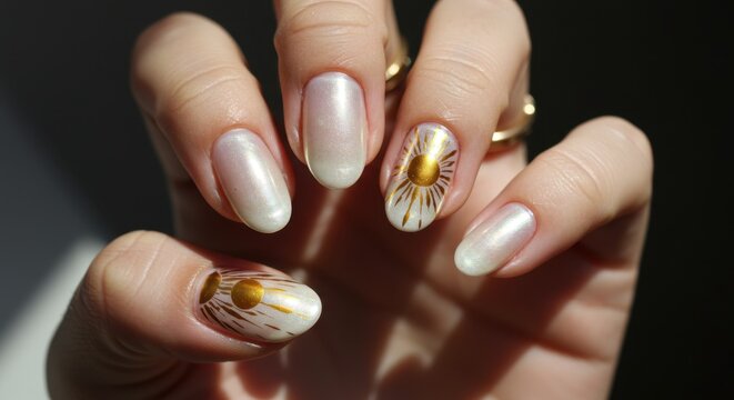 Close-up of a woman's hand with pearlescent nails adorned with sun and abstract designs