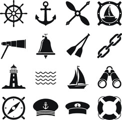 Sailboats, Anchors, and Lighthouses in Black Silhouette Design