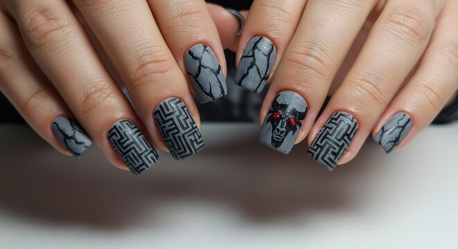 A dark and mysterious manicure featuring an intricate grey labyrinth and a menacing skull