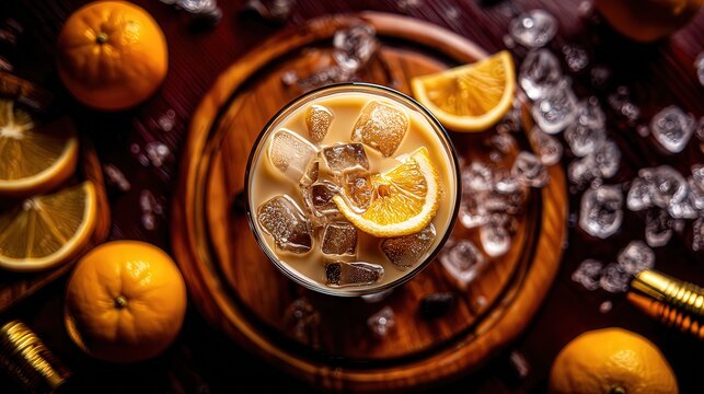 A refreshing cocktail garnished with lemon slices rests on a wooden surface, surrounded by ice cubes and fresh oranges, Ideal for summer-themed promotions, beverage menus, or party invitations,