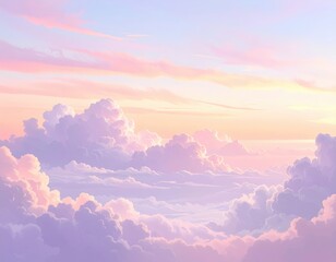 A serene and dreamy pastel sky filled with fluffy clouds, showcasing a gentle blend of pinks and purples.